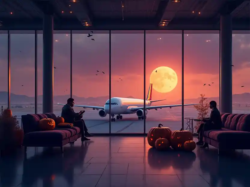 Halloween night with pumpkins and spooky decorations