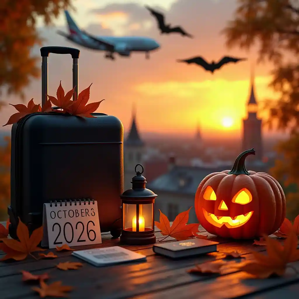 Halloween travel scene with an airplane, suitcase, autumn calendar and glowing pumpkin